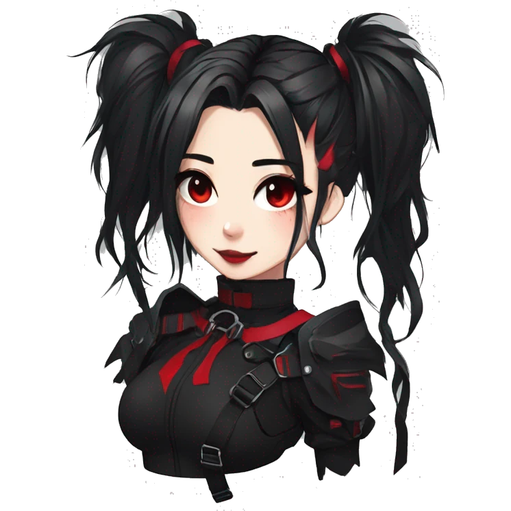Gorgeous gothic dark techwear anime style lady with blushing face aesthetic and pretty edgy black red punk messy ponytail hair with collar and harness trending style emoji