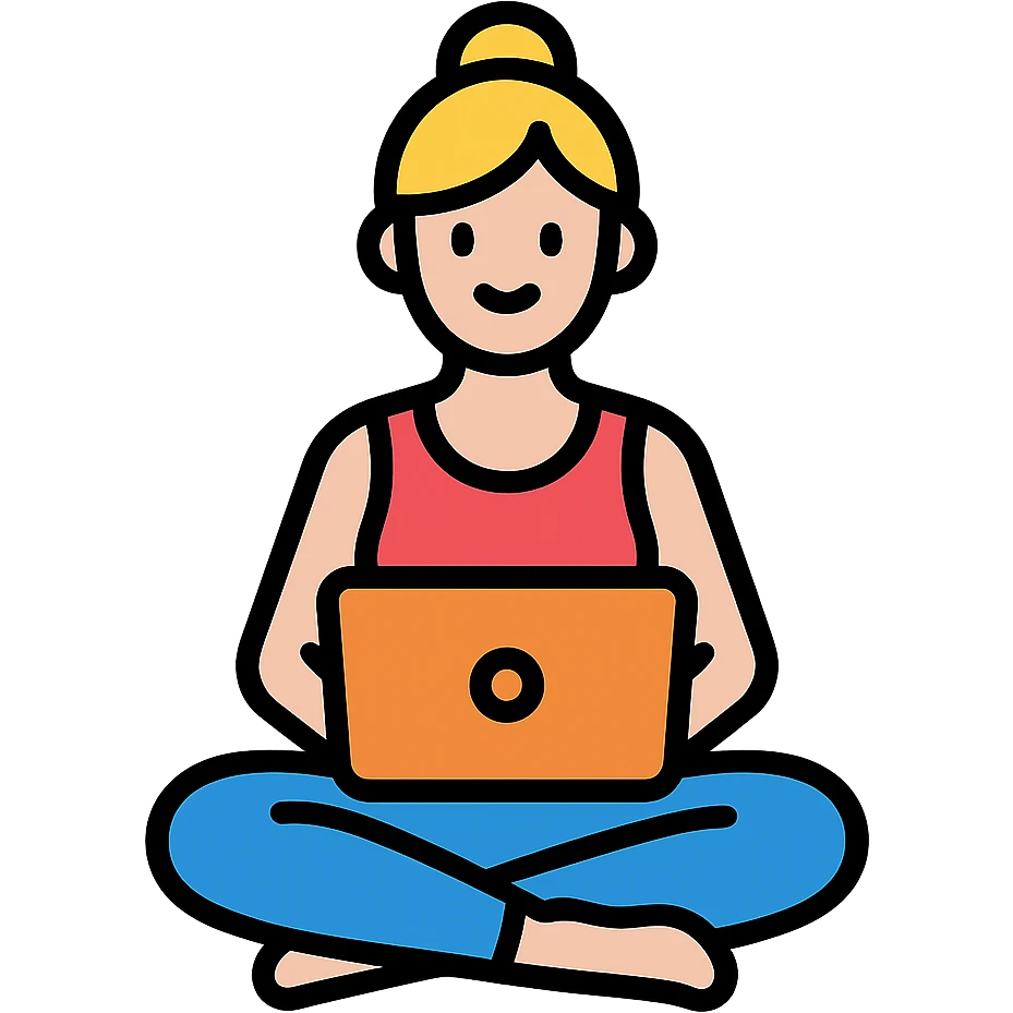 yoga teacher sitting cross-legged with a laptop, colored icon with black outlines emoji