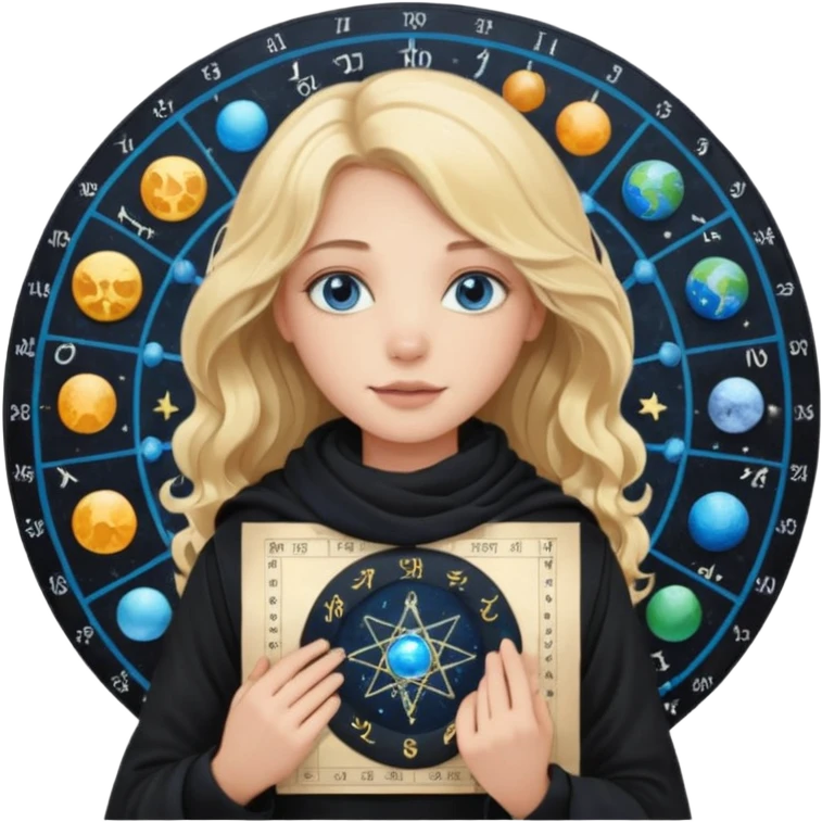 A long wavy haired blonde girl with blue eyes, wearing black, with a scarf on, holding astrology natal chart paper   emoji