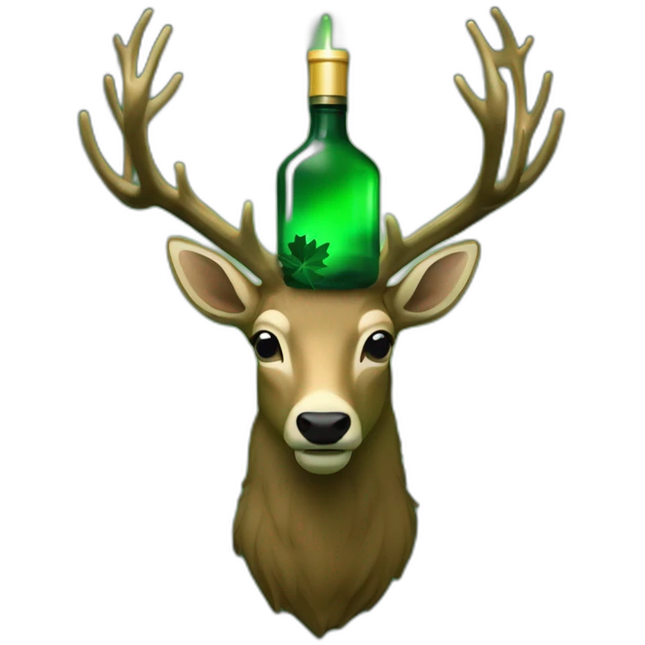 An emoji of a dark green bottle with a darker green label showcasing a glowing white cross above a regal stag's head with antlers, encircled by a wreath of oak leaves. emoji