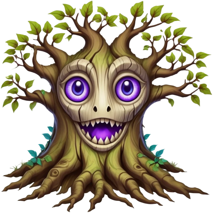 An ancient, psychic tree evolves by absorbing the essence of fallen autumn spirits, sprouting a radiant leaf, channels both forest wisdom and fiery seasonal magic through its gnarled. Purple eyes, blue eyes sharp teeth, bark wood skin, heterochromatic eyes emoji