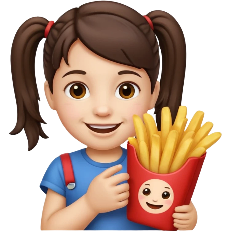 Toddler emoji with two pigtails dark brown hair, fair skin, holding French fries emoji
