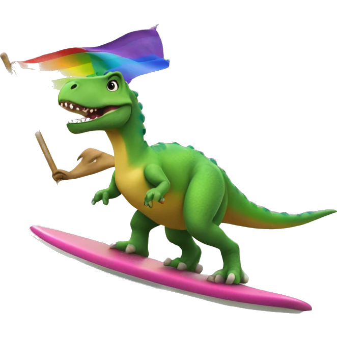 Rainbow dinosaur holding a pride flag while surfing emoji