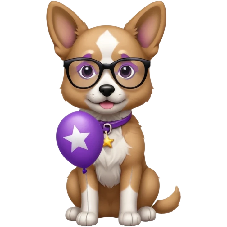 dog holding purple star balloon in hand with black glasses close view  emoji