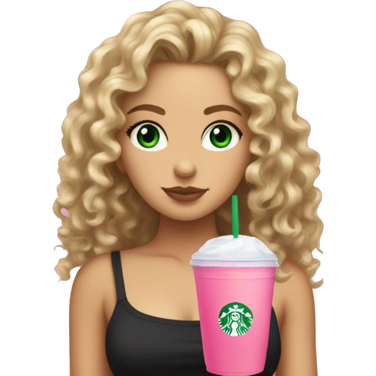 a slightly tan but white girl with curly wavy hair and green eyes wearing a black tube top holding a starbucks pink lemonade facing forward aesthetic  emoji