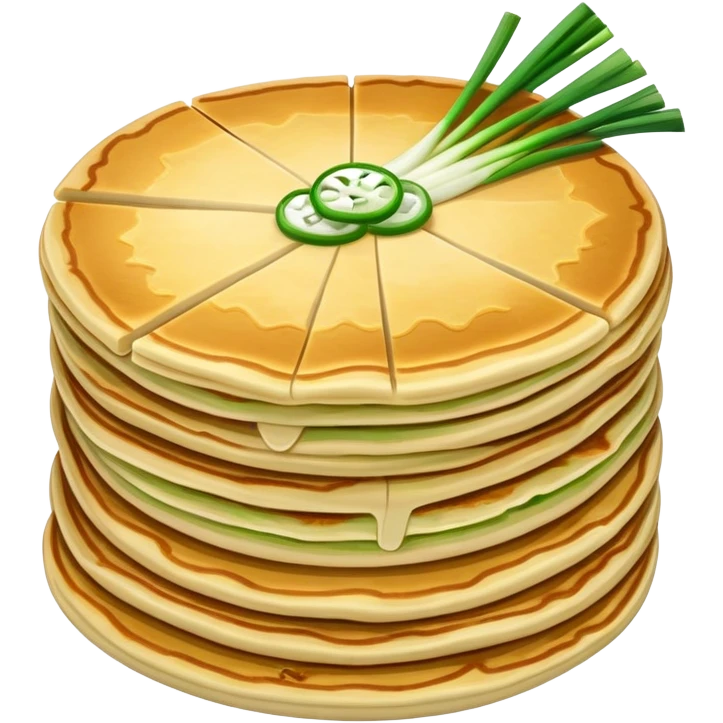 Chinese scallion pancake with visible layers and green onions, simplified emoji style with bold outlines and bright colors, cartoon style crispy Cong You Bing emoji