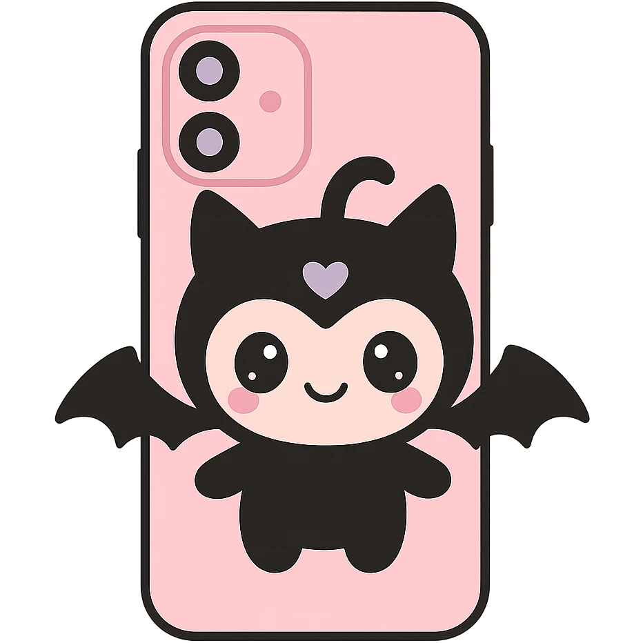 Remove any purse or purse-matching elements. Focus only on a pink and black gothic phone case in kawaii style with big eyes, bat wings, smiling, cartoonish, playful. No purse references. No background. emoji