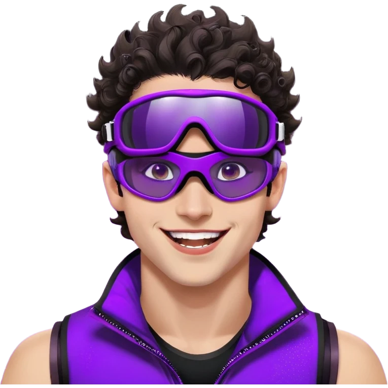 close-up of cool guy male athlete with white skin and moderately curly dark brown hair on top with shaved sides, wearing ski goggles with purple frames and very dark black lenses, winking behind the goggles, with an open mouth confident smile like a cool guy, a simple plain black chain necklace, and a completely unzipped sleeveless vest with purple and black sequin fire pattern design with no logo emoji