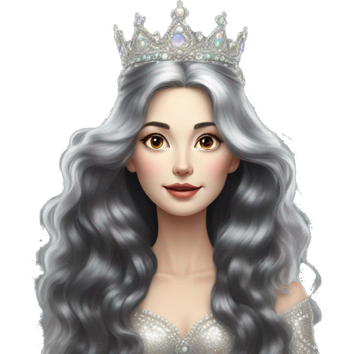 Regal pretty slender middle age woman photograph defined cheekbones high cheekbones crown vintage with very long iridescent black and silver hair wavy long hair pearl crown iridescent emoji