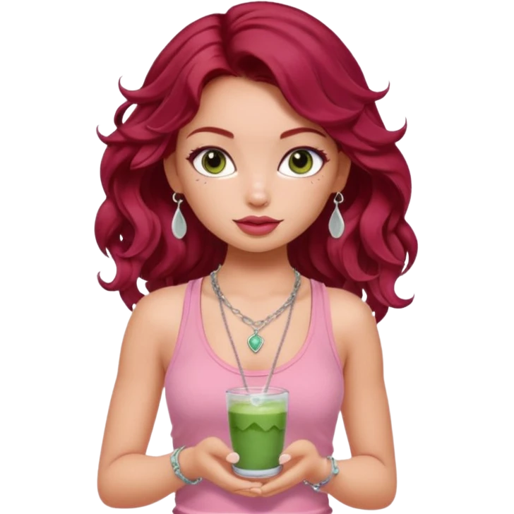 a pretty fair bratz girl with wavy dark red hair, wearing a pink tank top . silver dainty layered necklaces, carrying a matcha emoji