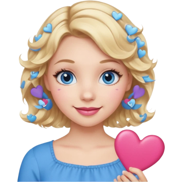 Girl Blonde short wavy hair,  blue eyes, cute blue top, long lashes, pink lips, smiling, holding hearts emoji