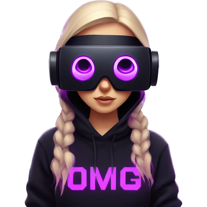 Russian girl wearing black hoody with violet letters "OMG", in vr headset. Cyberpunk style. Violet neon. emoji