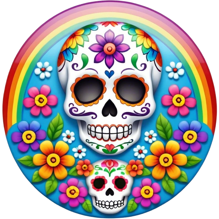 Beveled square shaped psychedelic colored button with day of the dead sugar skull and rainbow colored flowers in the center emoji