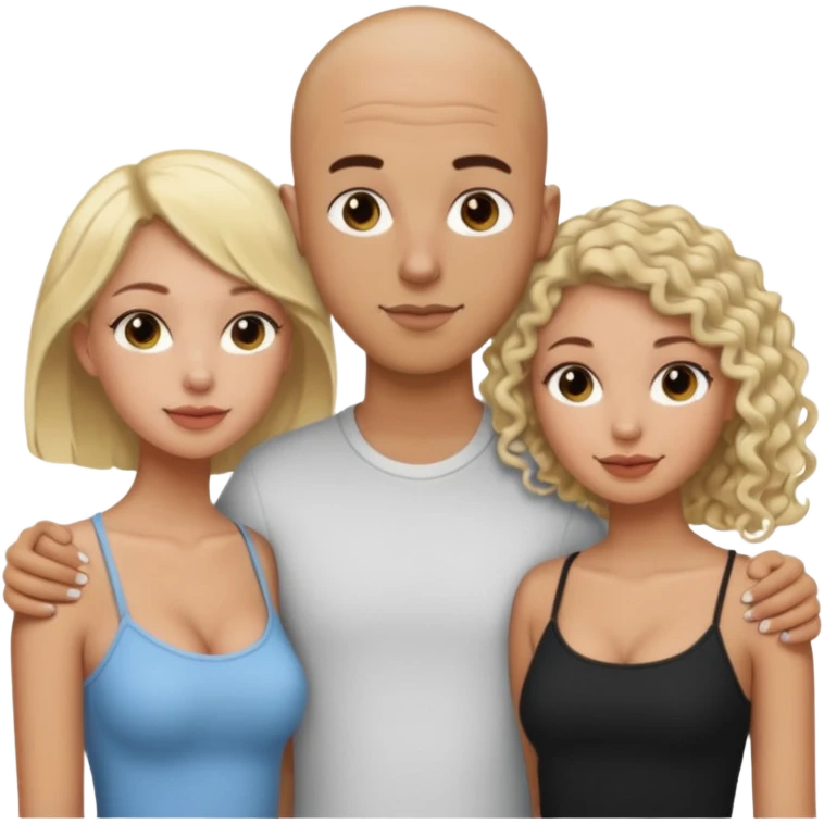 throuple tatted bald boyfriend with two girlfriends, one long blonde hair, other short curly brunette  emoji