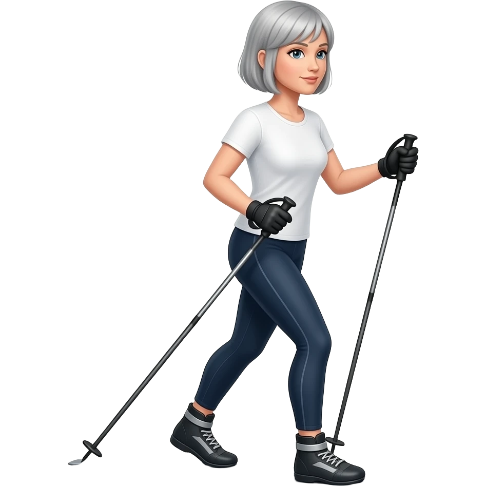 woman with grey bob haircut nordic walking, pole in each hand, hole body view side view, no skis, wearing white t-shirt and navy leggings emoji