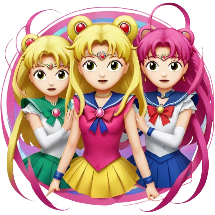 Icon for Anime: vibrant, dynamic scene with heros from Bishoujo Senshi Sailor Moon in action, featuring exaggerated expressions and colorful backgrounds. The design should reflect the distinct, energetic style of anime, with iconic eyes and unique visual elements. Transparent background. emoji