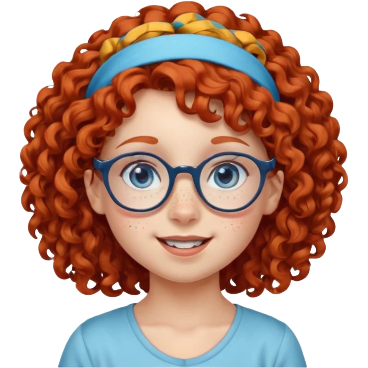 redhead kid with unique face features and very curly hair kid girl happy and big glasess and big nose and very blue eyes and headband with freckles emoji