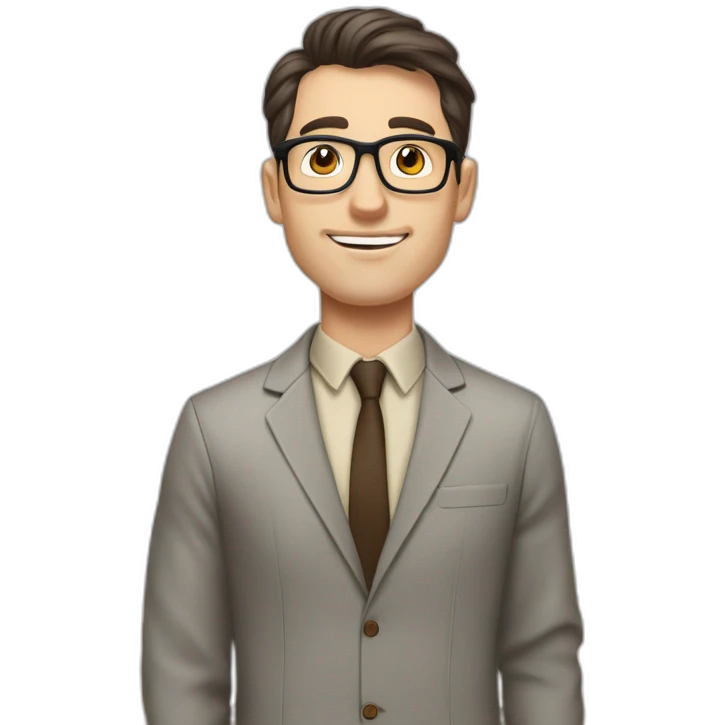Pale skinned fit man with dark brown hair in gray jacket, beige office shirt, brown tie, brown pants and vintage glasses Writing text on a marker board emoji