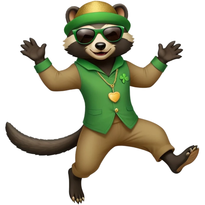 friendly anthropomorphised honey badger in a casual green-themed outfit with St. Patrick's Day accessories, wearing sunglasses, jumping, no beer emoji