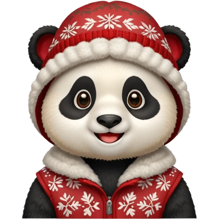 Photorealistic close-up of a cute, smiling panda wearing a red patterned winter trapper hat. Happy expression, cheerful vibe. Simple studio background. Detailed textures, sharp focus emoji