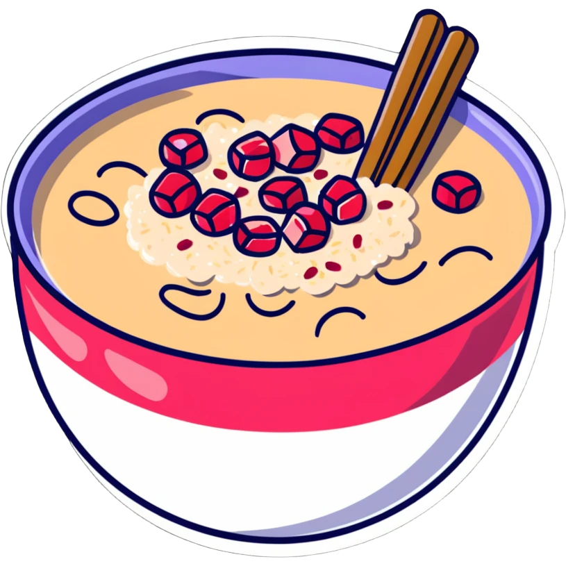 steaming bowl of oatmeal with a dollop of peanut butter, sprinkle of coconut flakes, and fresh pomegranate arils emoji