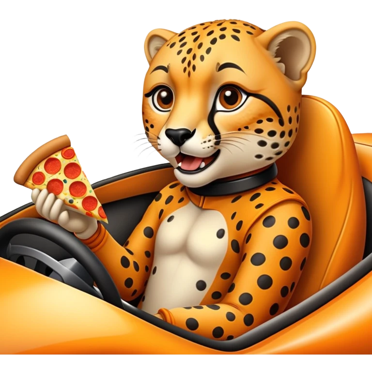 A cheetah in a race car eating a slice of pizza emoji