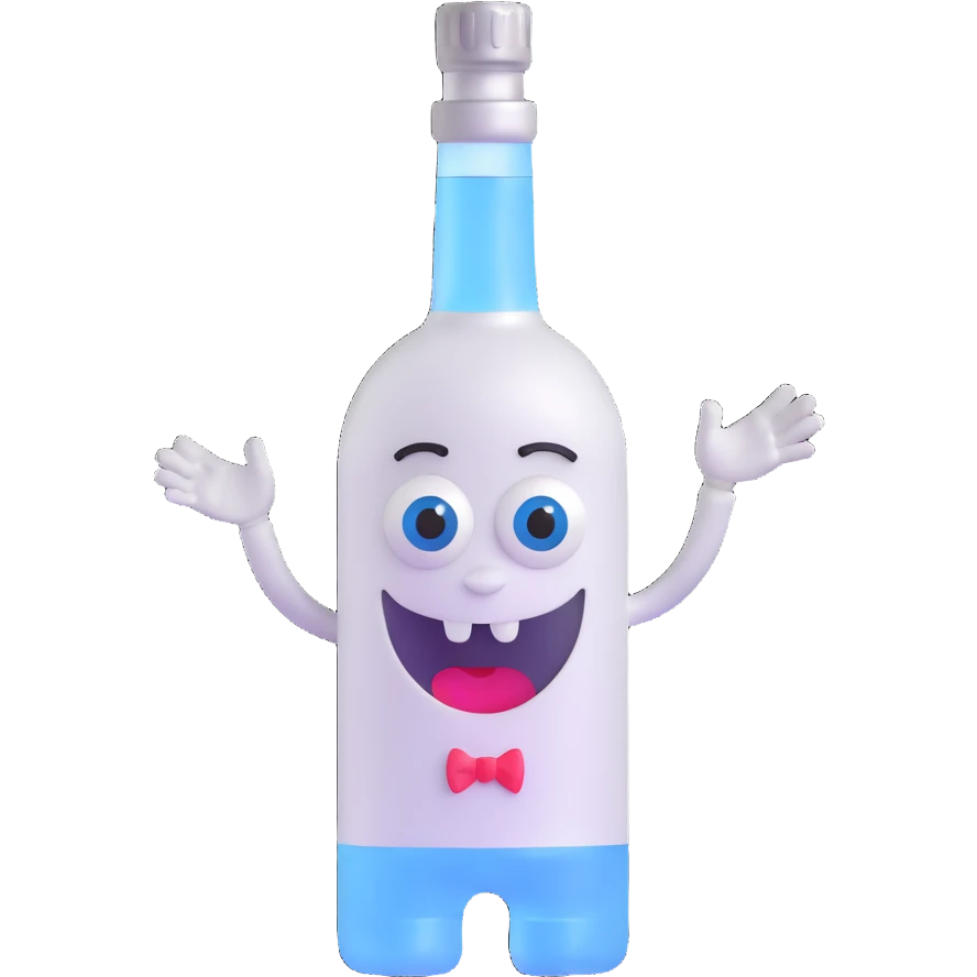 3D vodka bottle character with eyes, smile, arms and legs emoji