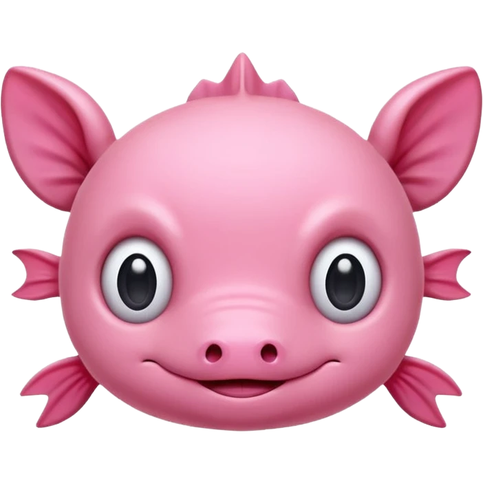 Cartoon pink axolotl face emoji, front view, flat wide head, external gills on both sides, big round eyes, small mouth, no snout, vector style, flat colors, transparent background. emoji