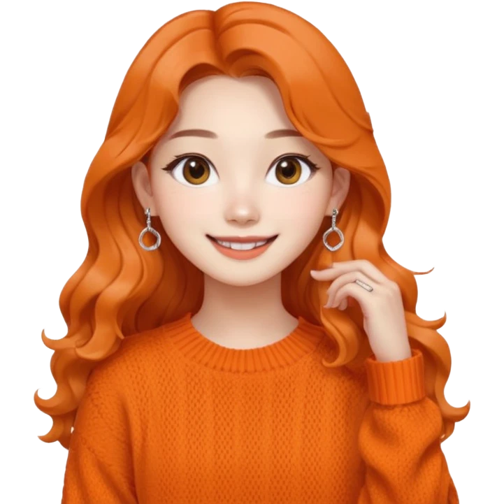 Korean 24-year-old female online shopping mall seller / Orange knit / White face / Earrings / Smiling expression / Long wavy hair / Influencer vibe / Fashionable emoji