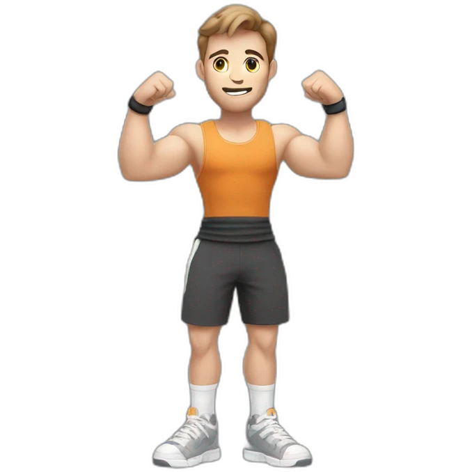 Close up Actively gesturing  with hands Pale skinned Fit Man With the biceps and brown hair in dark gray Sleeveless Mike, black oversize sports shorts, watch and white Sneakers emoji