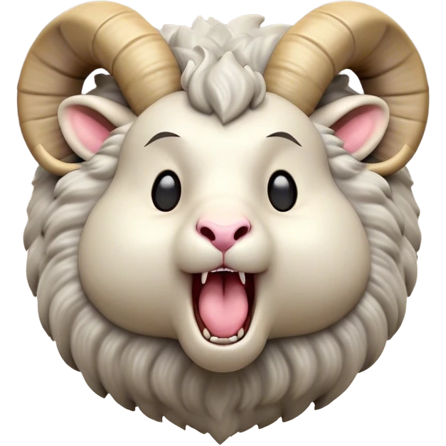 Cinematic Cute Yawning Ram Portrait Emoji, Head tilted slightly with a dramatic, wide-open yawn, showcasing a soft, woolly grey fur with gently drooping horns and ears, round dark eyes barely open in drowsy contentment, Simplified yet irresistibly adorable features, highly detailed, glowing with a soft, cozy glow, high shine, relaxed yet expressive, stylized with a touch of rugged whimsy, bright and endearing, soft glowing outline, capturing the essence of a sleepy yet affectionate ram, so drowsy it feels like it could stretch out of the screen and curl up for a nap! emoji