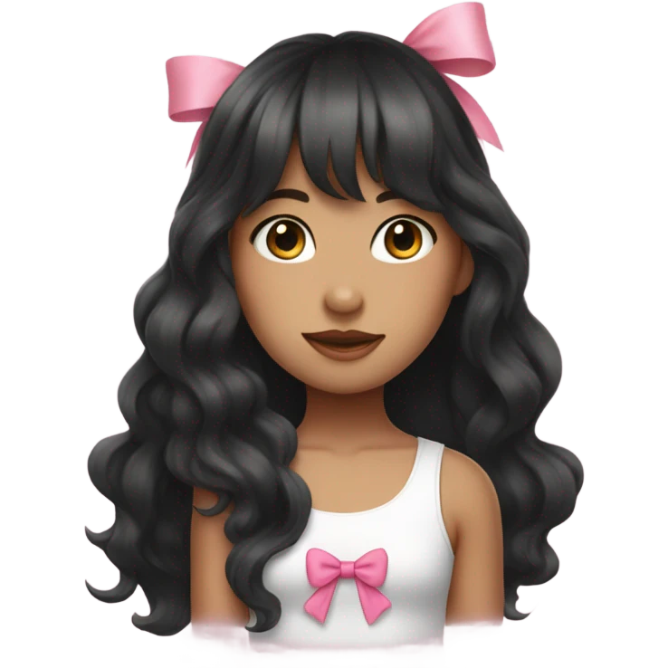 plae girl with long black wavy hair and front Korean bangs white tank top and pink bow on her hair emoji