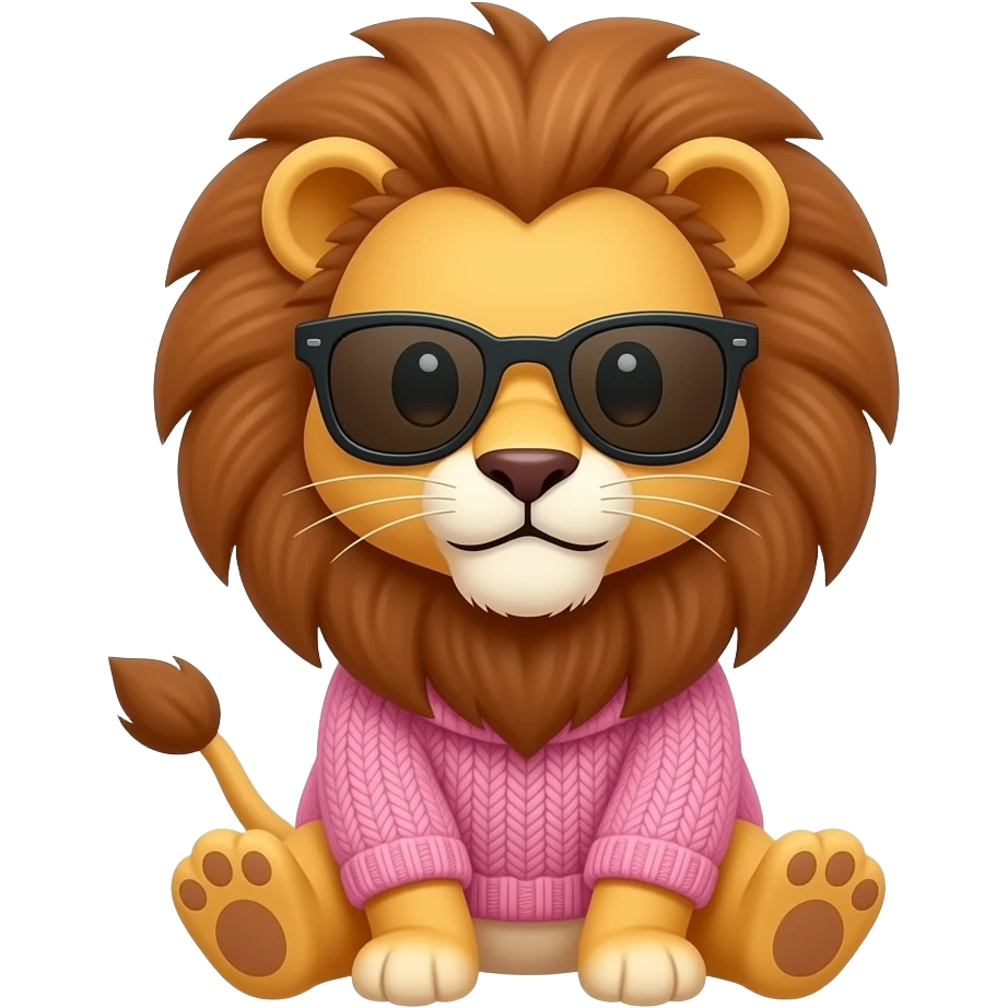 cute Lion wearing pink sweater, sunglass sitting , front facing emoji
