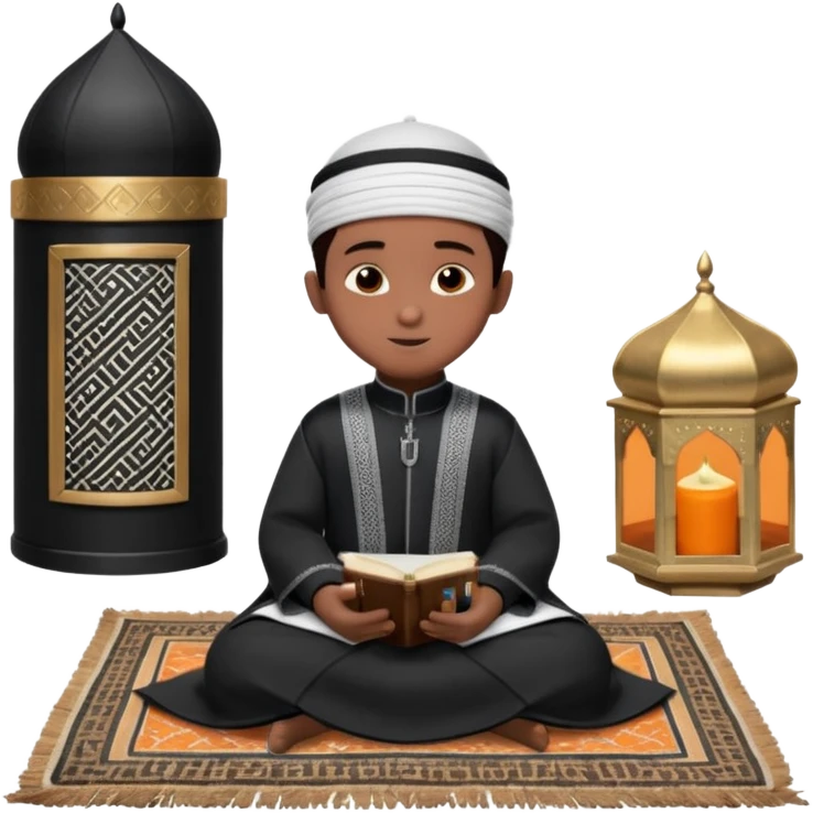 Personnage 3D mignon en style Pixar, un petit garçon portant un qamis blanc et un kufi, tenant un tapis de prière, entouré de lanternes brillantes, fond doux, couleurs chaudes, garçon teint noir TENANT UN APPAREIL PHOTO emoji