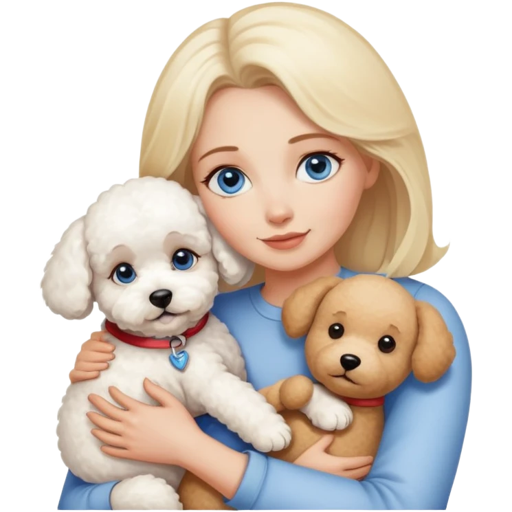 Blonde blue-eyed -mother -hugs two dogs, a Bichon Frise and a Teddy emoji
