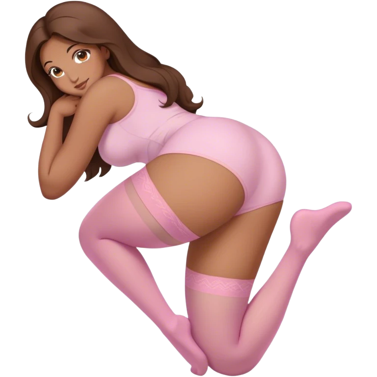 curvy brown long hair and brown eyes, intimate bending over arched back sfw light pink nylon stocking pose emoji