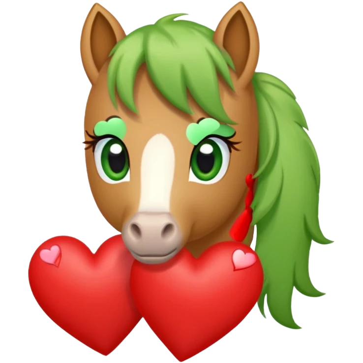 light brown pony with green eyes in love surrounded by red hearts emoji
