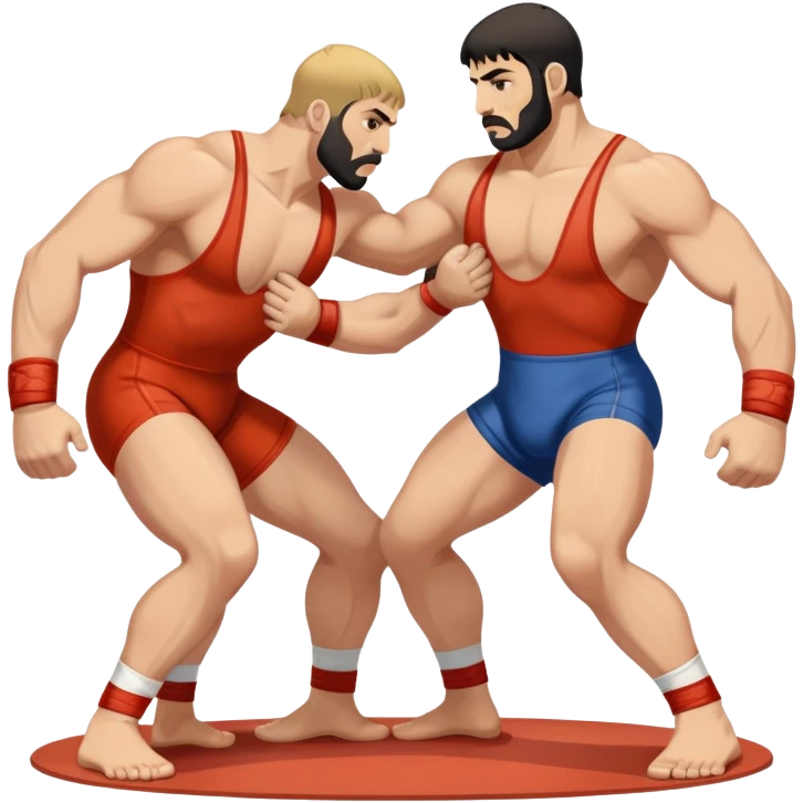 An icon symbolizing Greco-Roman wrestling, showing two wrestlers locked in a powerful grip, focusing on upper-body techniques. The background features a wrestling mat, with the athletes wearing traditional singlets. Transparent background highlights the strength and skill of the sport. emoji