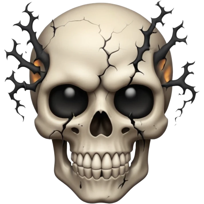 iOS style emoji, dark fantasy skull, cracks, black smoke from eyes, soft light, stylized emoji
