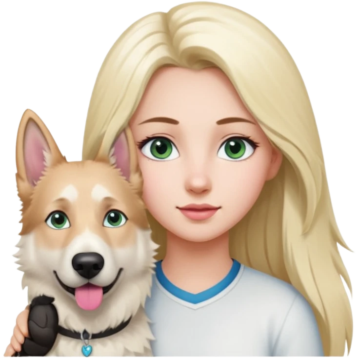 White European young woman with blue-green eyes and long blond hair with her white German Shepherd dog,the Dog hast a pink nose and short fur  and Brown eyes emoji