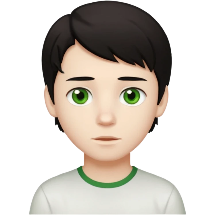 Um garoto zombie de cabelo castanho escuro, quase preto, com um cabelo médio, com olhos castanhos esverdeados, de camisa branca emoji
