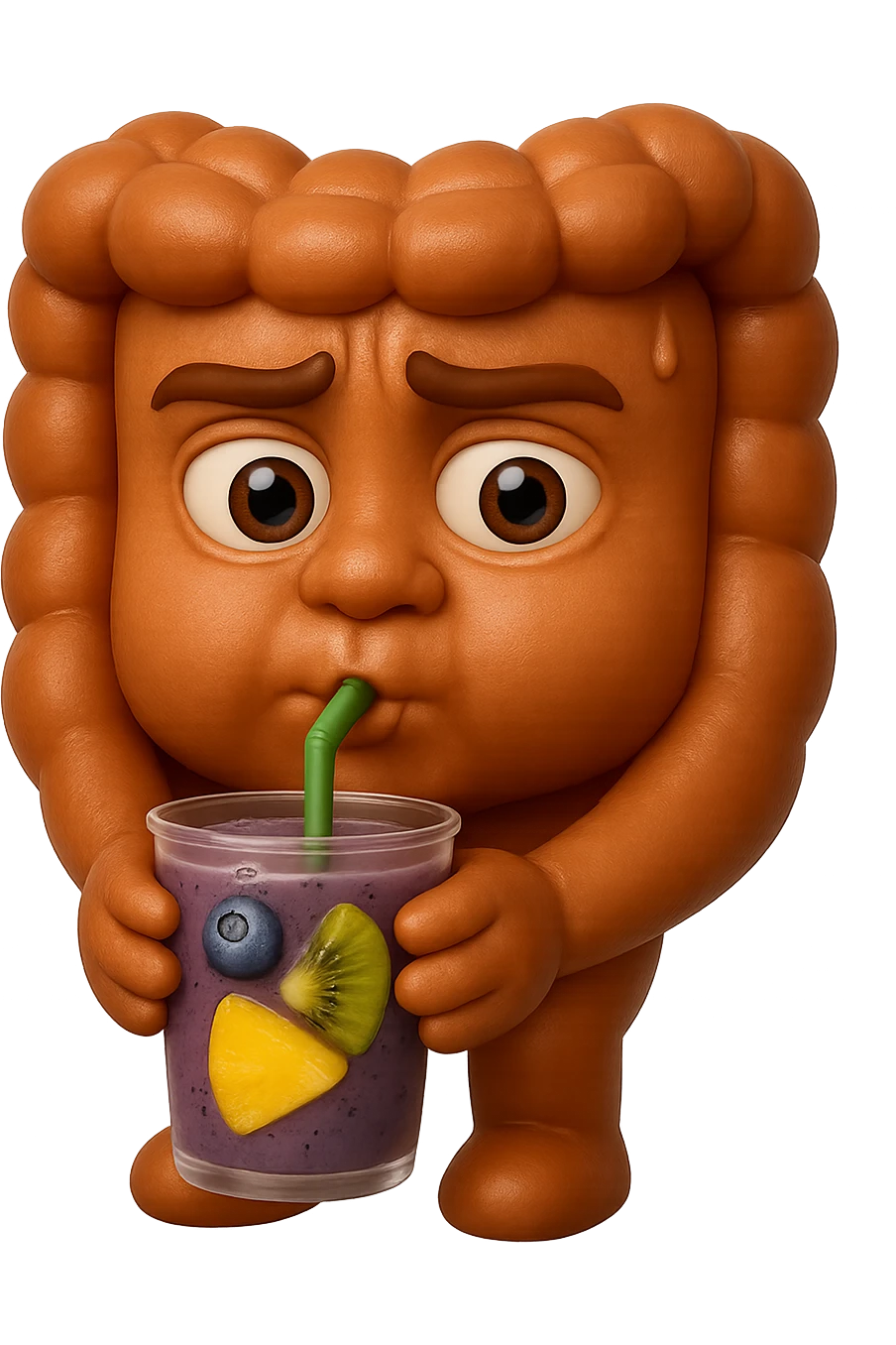 EMOJI STILE IPHONE DI un intestino umano anatomico che beve un frullato di mirtilli, ananas, kiwi, fagli anche la parte bianca degli occhi, non solo le pupille, REALISTICo 4K emoji