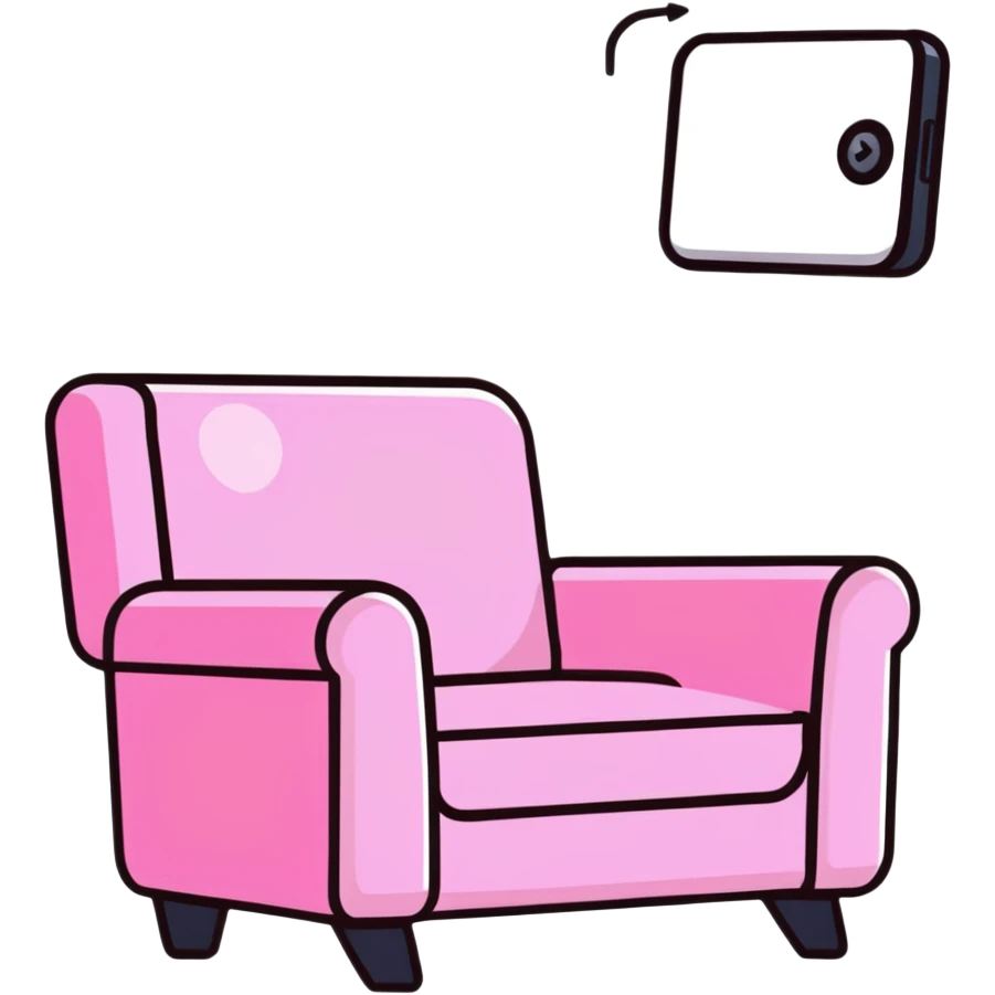 angled smartphone with a large, visible armchair image on its screen, product detail view, with sparkle emoji on the left side emoji