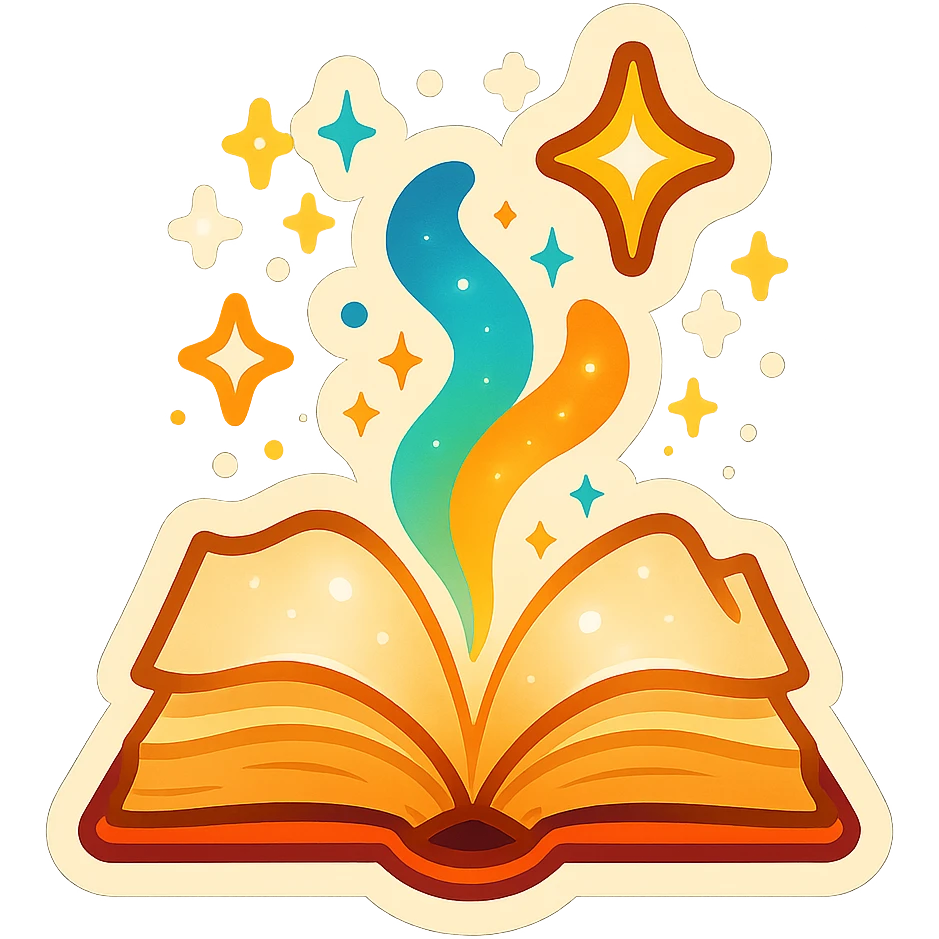 open book with magic bursting out, glowing stars, magical sparks, no twigs or leaves, retro sticker style, shadows and highlights emoji