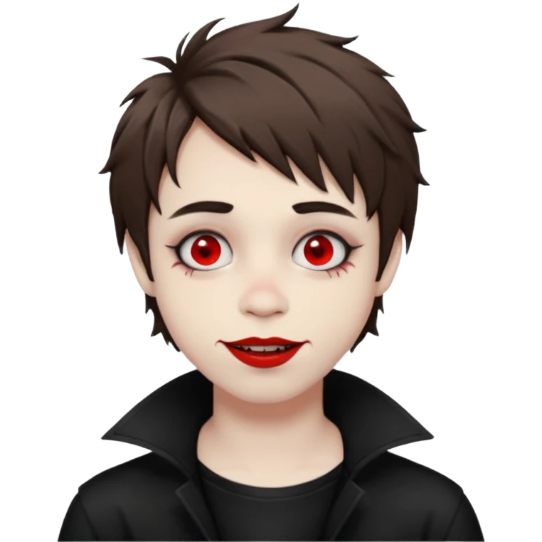 Happy pale Goth boy with shaggy brown hair, and messy makeup, smudged, red, lipstick  emoji