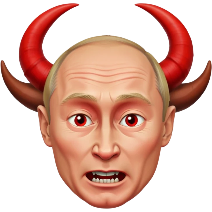 face of Vladimir Putin as a devil with red skin, horns, mischievous expression emoji