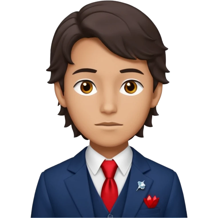 Number Five from "The Umbrella Academy": portrait of slim 16 yo teen (face, neck, shoulders, chest) in sarcastic pose, oval face with high cheekbones, gray eyes, dark brown wavy side-swept hair. Uniform: dark blue blazer with red trim, white shirt, black tie, diamond vest. emoji