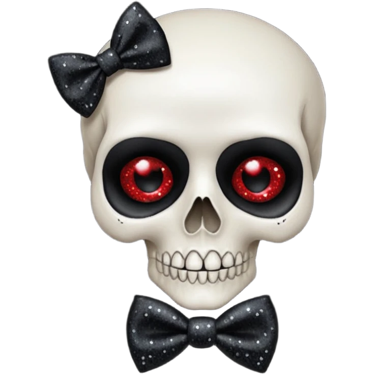 Gothic cranium skull with black makeup with red eyes, black lips, black bow tie and black laces and black sparkles and glitters  emoji