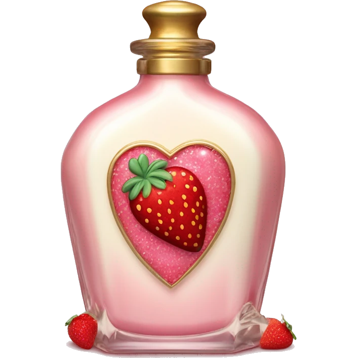 Antique heart-shaped parfumerie bottle with butter, made of red crystals, white cream and pink strawberry milk pour from the bottle emoji