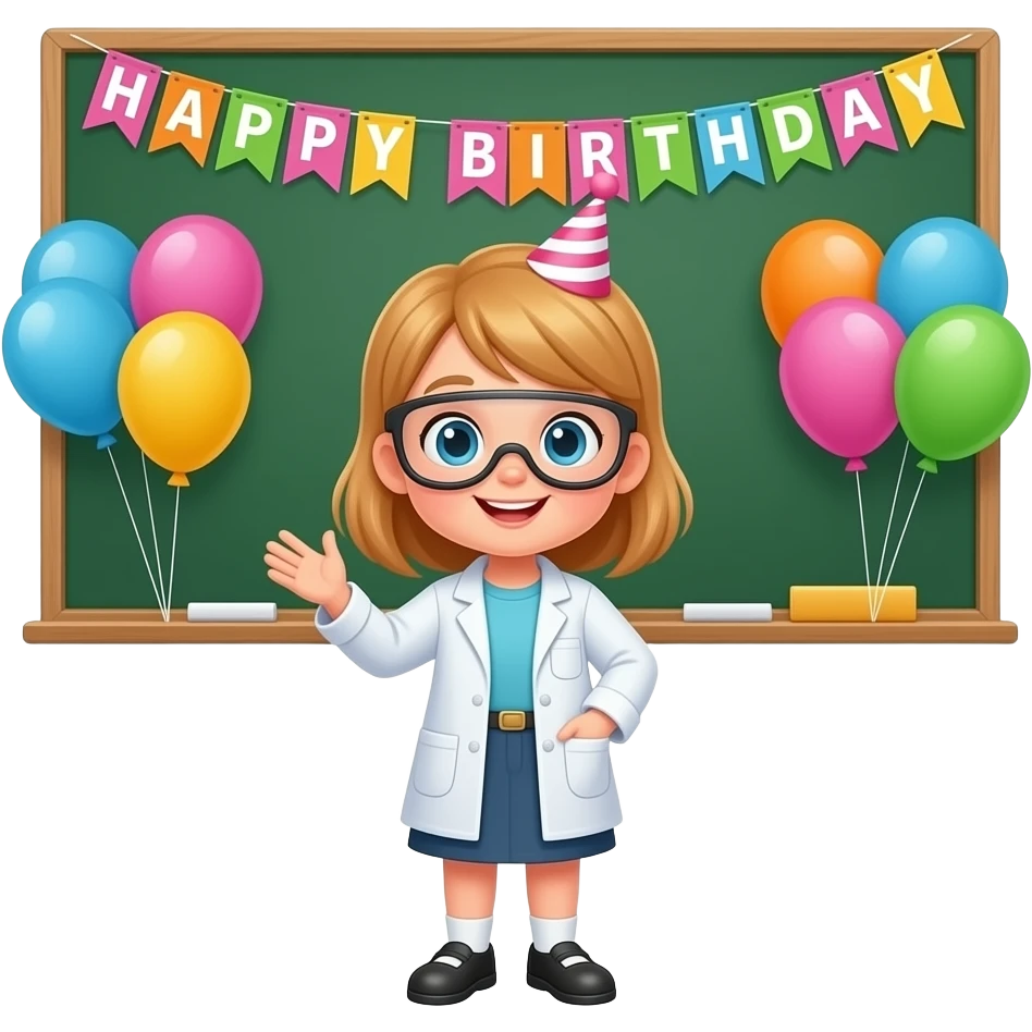 LITTLE BLOND GIRL  SCIENTIST STANDING IN FRONT OF GREEN BOARD WITH HAPPY BIRTHDAY SIGN AND BIRTHDAY BALLOONSDAY BALLOONS emoji